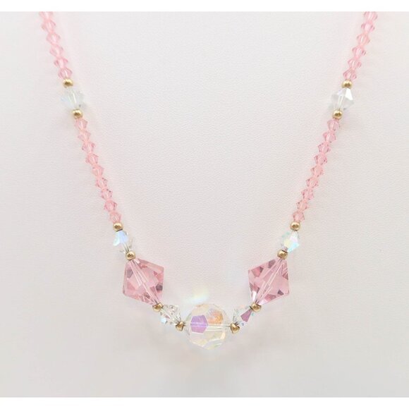 Pale Pink Crystal Bead Faux Pearl Necklace Set Of 2 14K Gold Fill Clasps 16" 27" - Picture 4 of 8